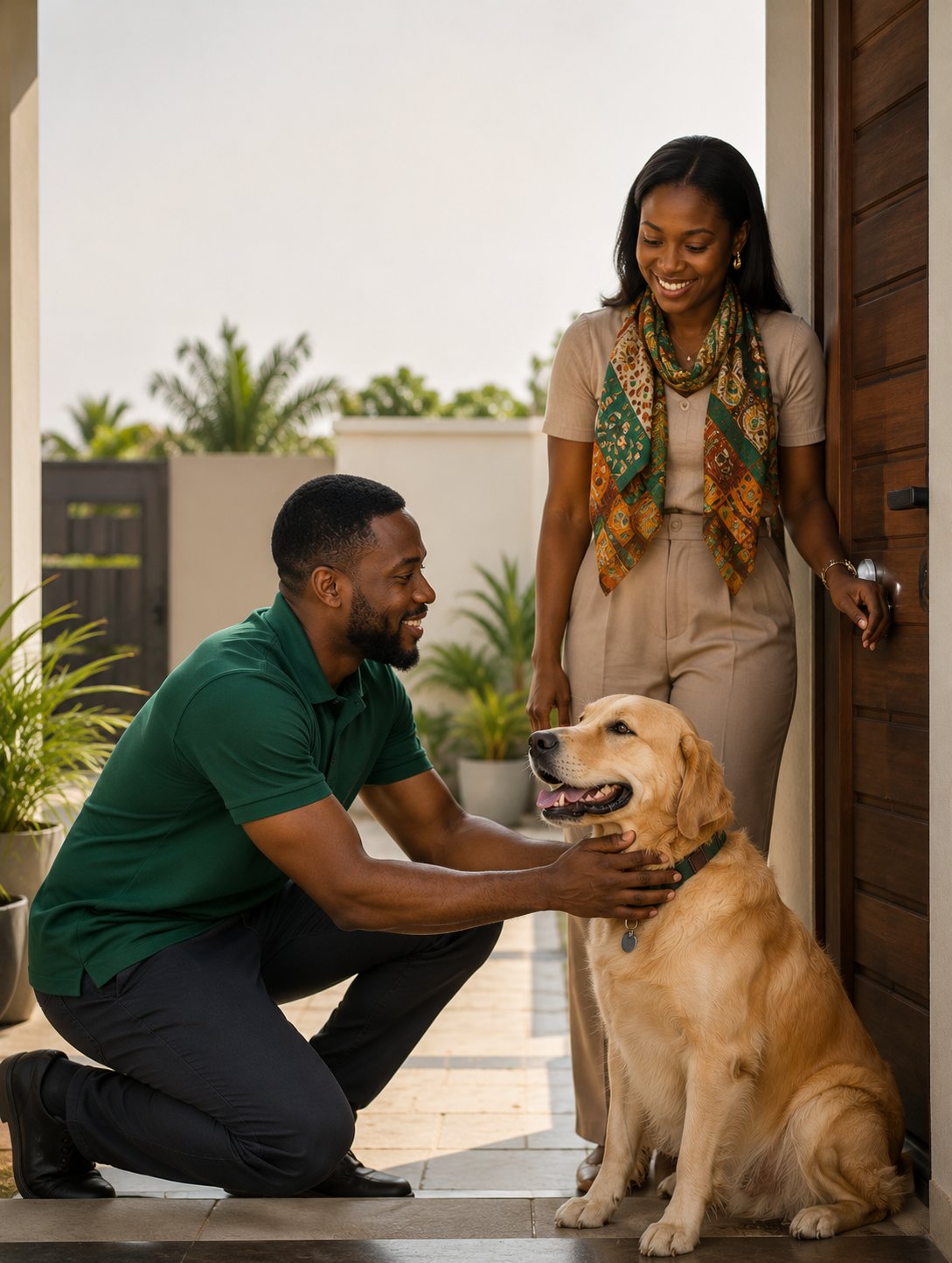 A Nexara vet greeting a dog at a Lagos front door