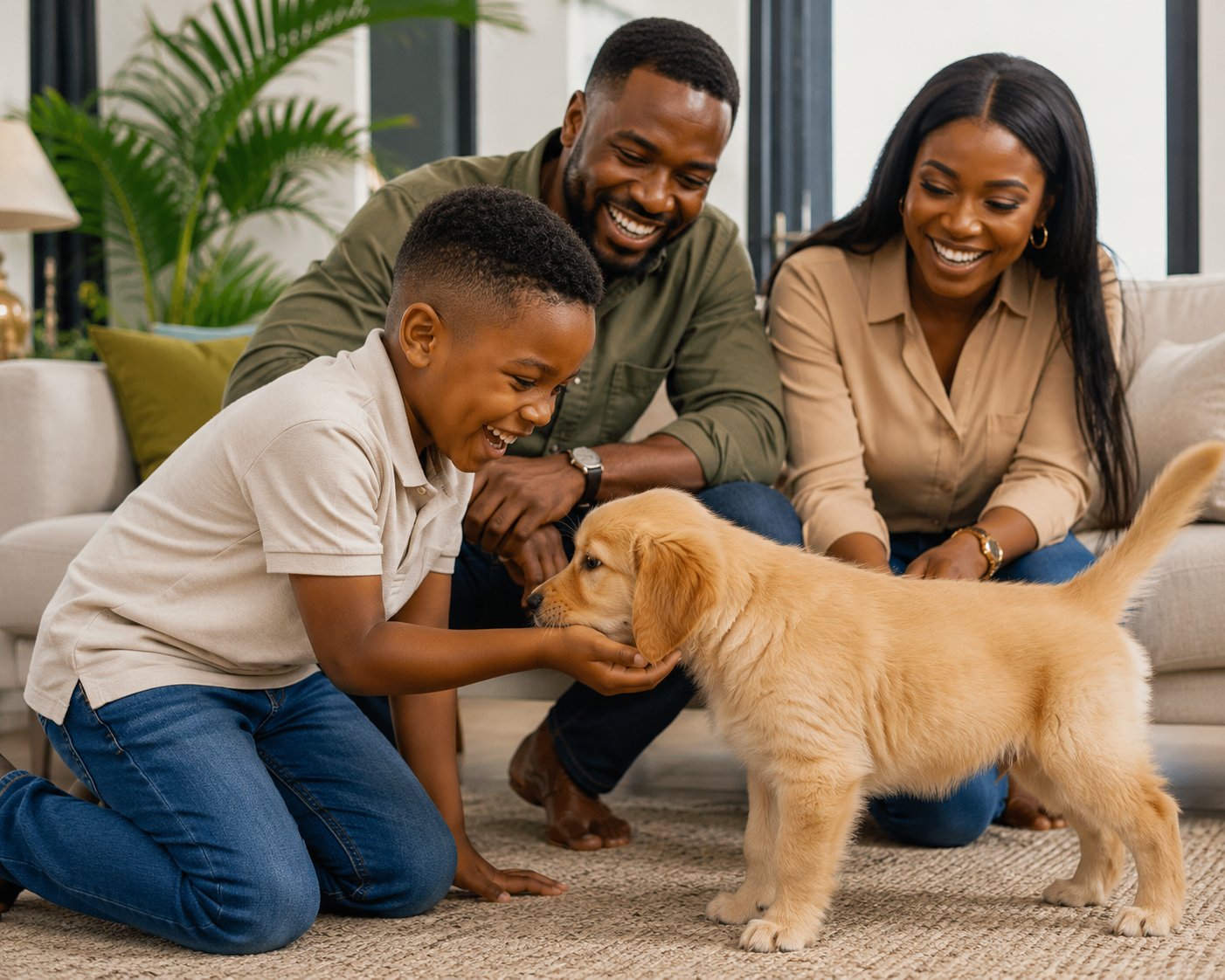 A Nigerian family meeting their new puppy