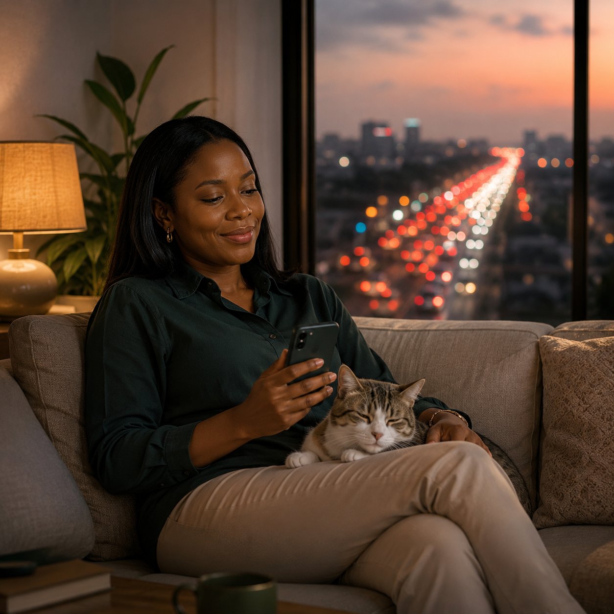 A pet parent relaxed at home with her cat while traffic sits outside
